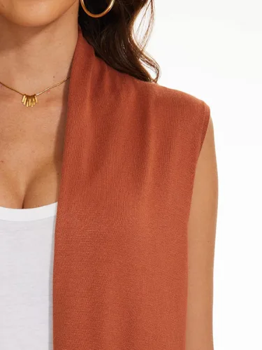 Miniatura 6 de INKOFF Chaleco de punto largo para mujer, sin mangas, con bolsillos, frente abierto, drapeado, chaleco casual