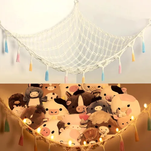 Miniatura 8 de Red de Animales de Peluche o Hamaca con Luz, Yewiwin Red Colgante de Macramé Hamaca para Organizador de Almacenamiento de Juguetes de Animales