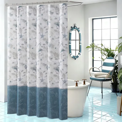 Miniatura 11 de Tremiti Aqua Ocean - Cortina de ducha de poliéster con estrellas de mar a rayas, impermeable, tela con estampado de mar, color verde, para baño, 72