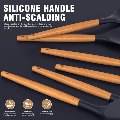 Miniatura 2 de AVGPD - Juego de utensilios de cocina de silicona para cocinar asas de madera, resistentes al calor de 446 °F, utensilios de cocina antiadherentes