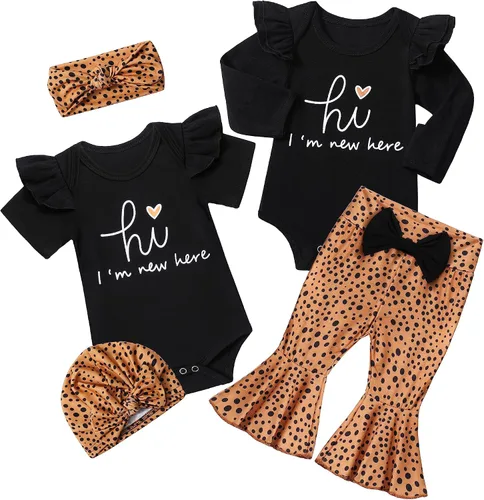 ADIFUN Ropa de bebé niña, 4 piezas de trajes de niña recién nacida, mameluco con volantes, parte inferior acampanada, diadema, bandana, conjuntos de