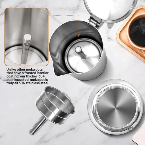 Miniatura 7 de Sin revestimiento 4 tazas de acero inoxidable 304 espesado Moka Pot Estufa Cafetera de café italiano 6.8 fl oz 6.8oz Adecuado para estufa