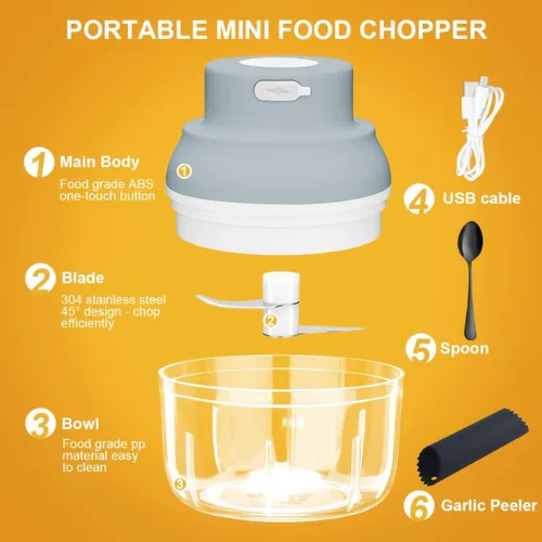 Miniatura 2 de Picadora eléctrica de ajos, trituradora de ajo eléctrica, procesador de alimentos pequeño con pelador de ajo y cuchara, 3.4 fl oz, gris