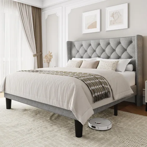 Miniatura 13 de Einhomn Base de cama de plataforma de tamaño matrimonial con cabecera tapizada de tela, 10 pulgadas debajo de la cama, soporte de listones de madera