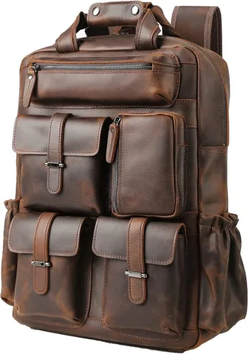 Mochila de cuero genuino para hombre, estilo vintage, de 15.6 pulgadas, bolsa para computadora portátil, varios bolsillos, mochila casual de viaje,