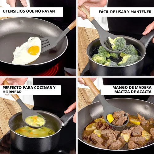 Miniatura 3 de Zulay Kitchen Juego de utensilios de cocina de silicona antiadherente con auténticas asas de madera de acacia, juego de utensilios de cocina de 5