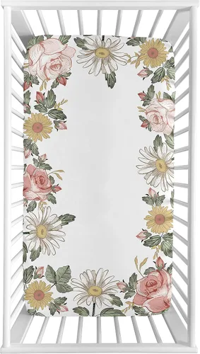 Miniatura 2 de Sweet Jojo Designs Sábana bajera ajustable vintage floral para niña, para cuna para bebé o bebé, cuarto de bebé, foto op, rosa rubor, amarillo