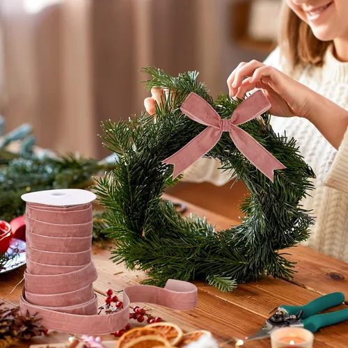 Miniatura 5 de Chuangdi Cinta de terciopelo rosa polvorienta de Navidad de 1 pulgada, 30 yardas, cintas anchas de terciopelo vintage para adornos de árbol