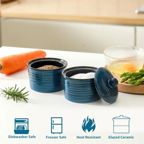 Miniatura 5 de Hasense Salero de cerámica con tapa, cuencos de sal y pimienta de 9 onzas, caja de sal apilable para encimera de cocina, decoración de cocina azul