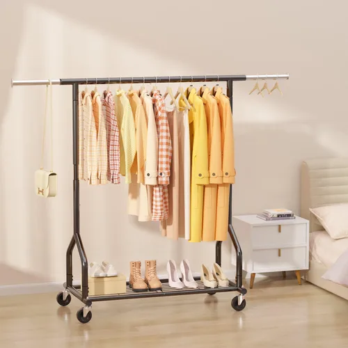 Miniatura 7 de EAGMAK Perchero de ropa resistente con capacidad de carga de 192 kg, perchero enrollable con estantes, colgador de ropa ajustable de metal