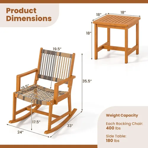 Miniatura 4 de Tangkula Juego de 3 mecedoras para patio, juego de bistró de madera de acacia con asiento y respaldo de ratán, 2 sillones para exteriores con mesa