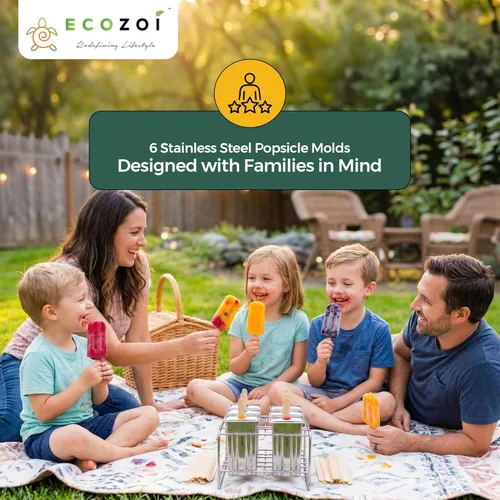 Miniatura 8 de Ecozoi Moldes y Estante de Acero Inoxidable para Paletas – 6 Moldeadores de Paletas de Hielo Cuadradas + 30 Palos de Bambú Reutilizables + 12 Sellos