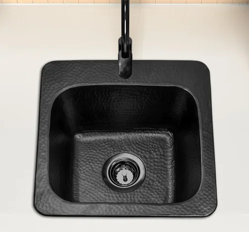 Miniatura 3 de Monarch Abode Fregadero de cocina y bar – Fregadero de barra pequeño Baxter de 15 pulgadas, fregadero de aluminio negro mate martillado a mano