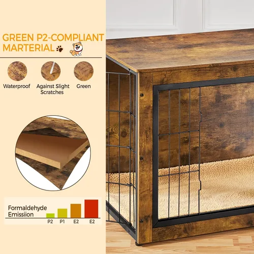 Miniatura 7 de Yaheetech 32" Mesa auxiliar de jaula para perros con cojín, jaula de madera para perros con puertas dobles/pies ajustables, mesa auxiliar lateral