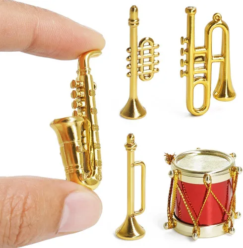 Odoria Instrumentos musicales en miniatura 1/12, 5 piezas, mini instrumento de latón de plástico, saxofón, trompeta, trombón, miniaturas, accesorios
