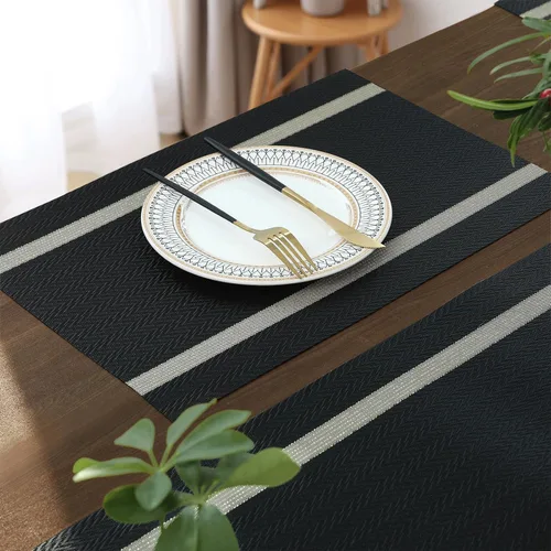 Miniatura 5 de FAVE Juego de 12 manteles individuales negros tejidos con hilo dorado de vinilo para bodas, banquetes, cumpleaños, fiestas, restaurantes