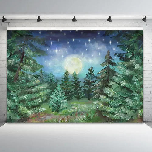 Telón de fondo de bosque nocturno estrellado de 5 x 3 pies, selva, noche, luz de luna, bosque, pino, luna grande, fondo de fotografía, fondo para