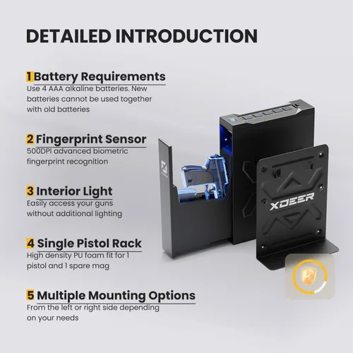 Miniatura 7 de XDeer Caja fuerte biométrica para pistola, caja fuerte para pistola deslizante, pistola de acceso rápido 0.1s para mesita de noche, mesita de noche