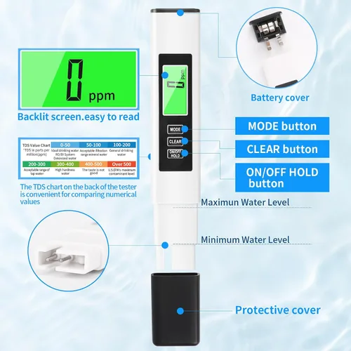 Miniatura 8 de Nuevo 4 en 1 Medidor TDS, medidor TDS, medidor digital de agua, preciso y confiable, medidor de agua, TDS EC y medidor de temperatura (° C/° F)
