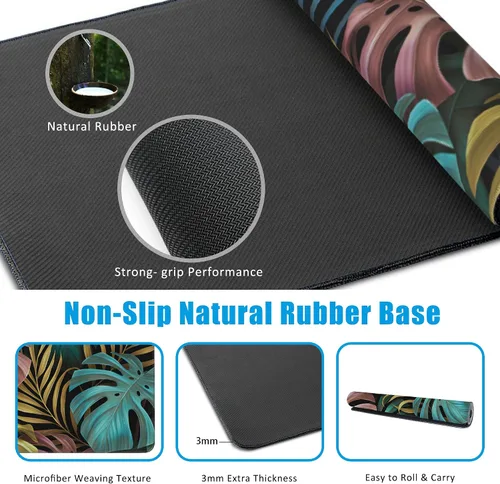 Miniatura 5 de Alfombrilla de ratón grande para juegos con hojas de palmera tropicales coloridas, tapete de escritorio impermeable para escritorio, base de goma