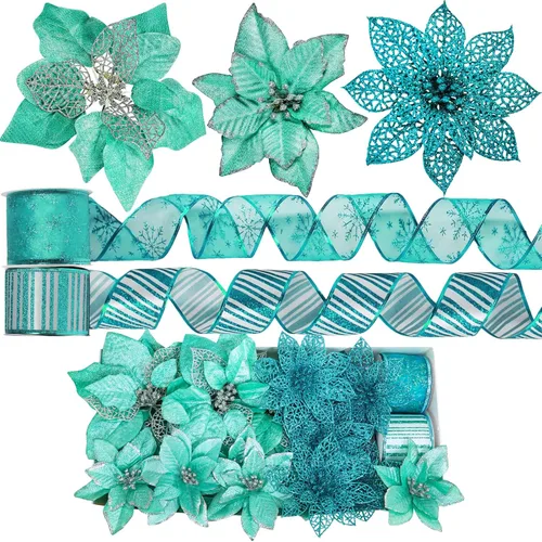 Miniatura 10 de Winlyn Púas de flores de Pascua de Navidad de 3 estilos, adornos para árbol de Navidad y 12 yardas, cinta decorativa con alambre para árbol de Azul