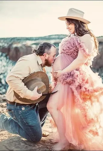 Miniatura 5 de UZN Vestidos de maternidad de tul con hombros descubiertos para sesión de fotos, batas largas hinchadas, vestido de embarazo transparente para baby