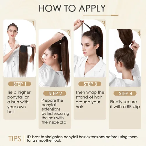 Miniatura 7 de Benehair Extensión de cola de caballo envolvente con pasta mágica, extensiones de cabello humano natural largo lacio de una pieza para mujeres, 22