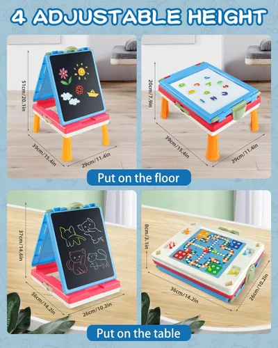 Miniatura 2 de Elovien Caballete para niños, caballete de arte de doble cara 4 en 1 con pizarra y pizarra blanca magnética, caballete de mesa plegable para niños