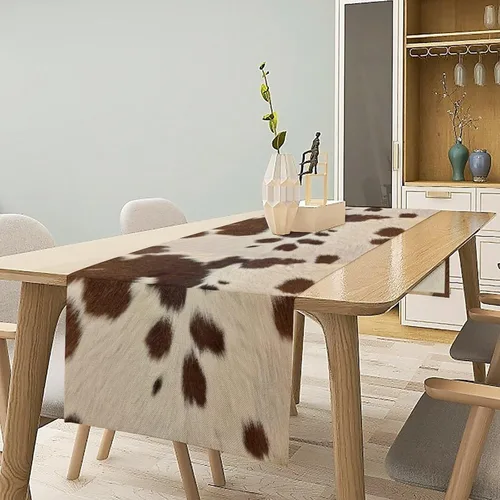 Miniatura 2 de Camino de mesa con estampado de piel de vaca, lino y algodón, rústico, estilo occidental, color negro, marrón, piel de vaca, para decoración