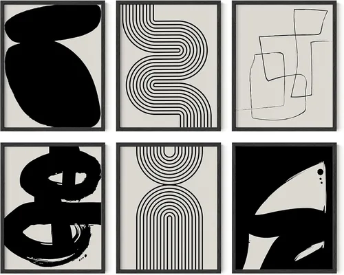 HAUS AND HUES Arte abstracto negro para pared, juego de 6 impresiones artísticas modernas de líneas negras y grises, arte abstracto geométrico Juego