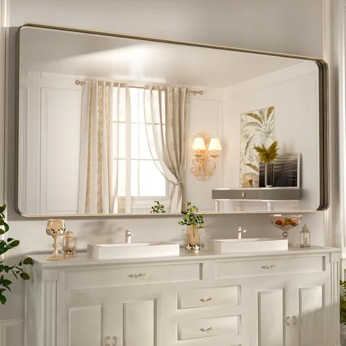 Miniatura 98 de WEER - Espejo de baño dorado, espejo de 40x32 pulgadas con marco de metal dorado cepillado, espejo de tocador de baño de oro para pared