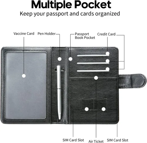 Miniatura 2 de MCmolis Combo de tarjetero para pasaporte y vacunas, funda de cuero con bloqueo RFID, protector organizador de documentos de viaje con ranura