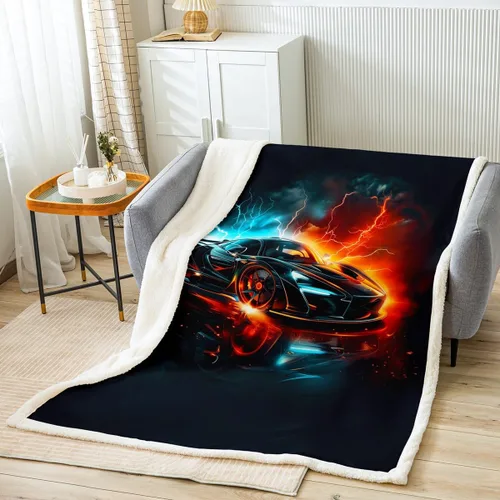 Manfei Sports Car Kids Throw Blanket Blue and Orange Fire Bed Blanket for Boys Girls Room Decor, Black Racing Car Blanket for Couch Sofa, Soft and
