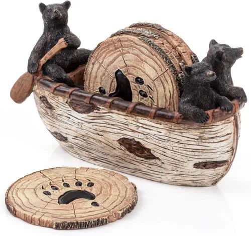 Juego de 6 posavasos rústicos de tamaño completo en canoa hecha a mano con adorables figuras de oso negro | Decoración rústica de cabaña de troncos