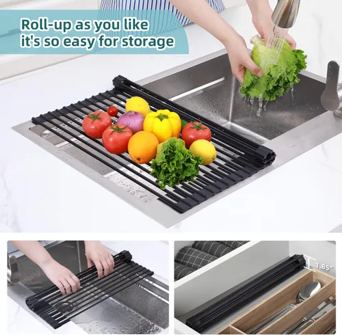 Miniatura 6 de Ohuhu Escurreplatos Enrollables, 16.5" L x 13" A Escurridor de Platos Sobre el Fregadero Estante de Secado Organizador de Fregadero de Cocina