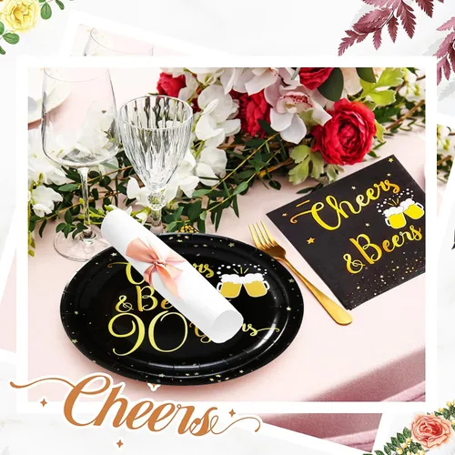 Miniatura 5 de Suministros para fiesta de cumpleaños de 90 años, juego de vajilla de alegría y cervezas, platos de 7 pulgadas y servilletas para suministros