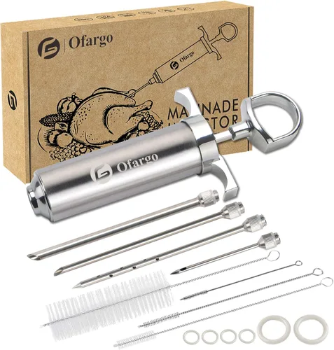 Ofargo Kit de jeringa inyectora de carne de acero inoxidable con 4 agujas de marinado para barbacoa y ahumador, regalos para hombres, papá, esposo