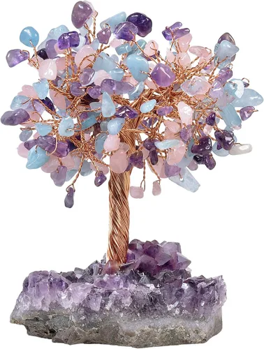 Miniatura 19 de mookaitedecor Árbol de cuarzo rosa natural, cuarzo de roca y cristal citrino con base de cristal de racimo de amatista, figuras de árbol de dinero