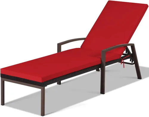 RELAX4LIFE Tumbona para exteriores, silla de piscina de ratán ajustable de 5 posiciones con cojín, silla reclinable, marco de metal, tumbona de Rojo