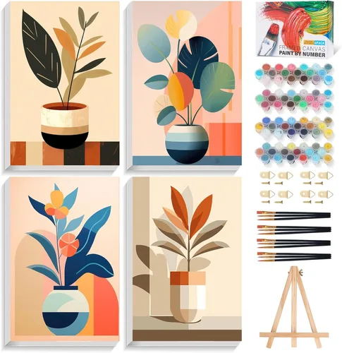 Miniatura 10 de Offito Paquete de 4 pinturas enmarcadas por números para adultos principiantes con caballete de madera, kit de pintura fácil de paisaje por números
