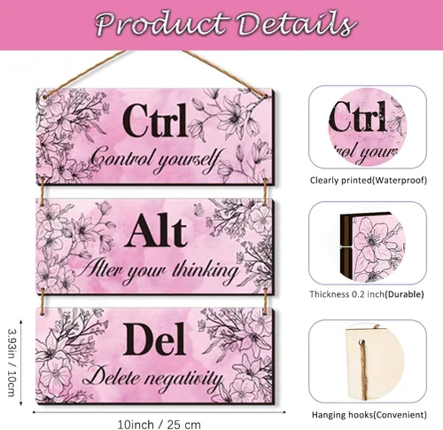 Miniatura 3 de 3 piezas de decoración de pared rosa intenso para niña, decoración de pared de oficina, arte floral de madera, inspirador con citas positivas Ctrl