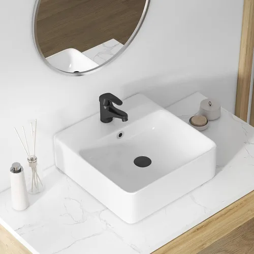 Lavabo Rectangular de Baño de 16" x 16", Eridanus Lavabos de Montaje en Pared Lavabo Flotante de Encimera con Rebosadero, Cerámica Blanca Tipo