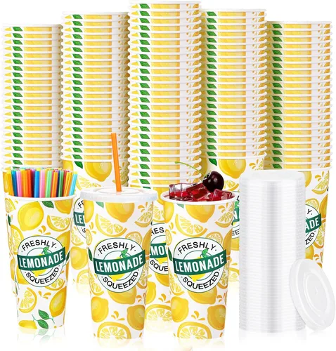 Meanplan 300 piezas/100 juegos de vasos de limonada con tapas y pajitas, vasos desechables para fiestas, tazas de papel de limón, suministros para