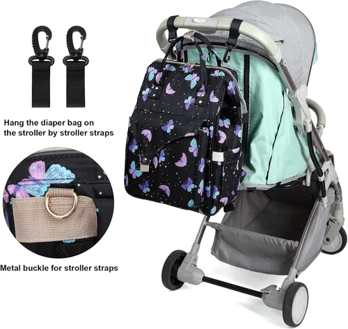 Miniatura 6 de Mochila de pañales de mariposa para bebés, niñas y niños, gran capacidad, multifuncional, impermeable, para maternidad, con correas para cochecito