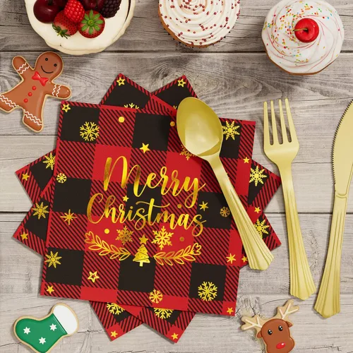 Miniatura 5 de Suministros de decoración de fiesta de Navidad - 175 piezas de juego de vajilla desechable de Navidad (25 invitados) con camión a cuadros de búfalo