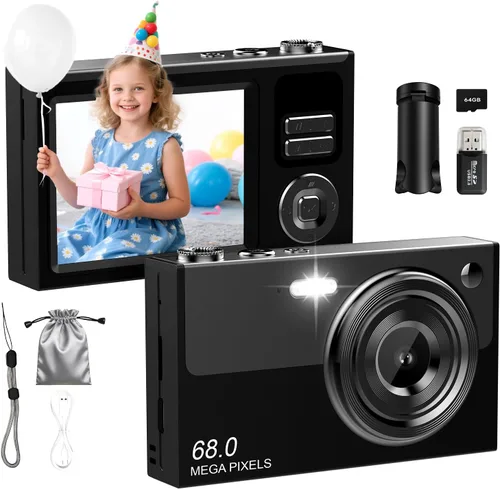 Cámara digital para niños y principiantes, cámara digital 4K con tarjeta SD de 64 GB, zoom 16X, cámara compacta de apuntar y disparar con pantalla