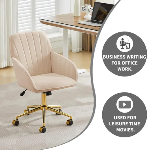 Miniatura 7 de YITAI Sillones de escritorio de oficina de terciopelo con base dorada y ruedas, sillas de tocador tapizadas modernas giratorias 360 grados de altura