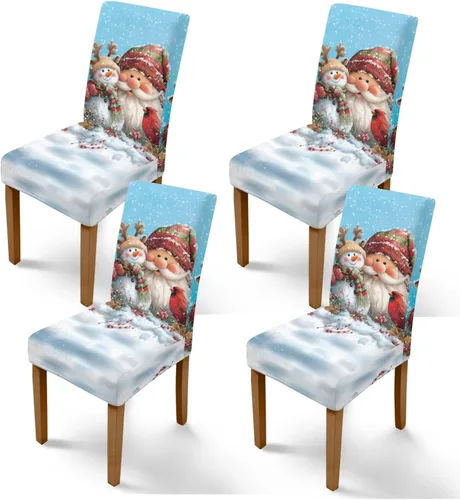 Miniatura 15 de Rnyleeg Fundas de silla de Navidad para sala de estar, diseño de muñeco de nieve azul, estampado de pájaros, fundas para sillas de comedor, 1
