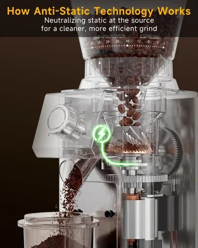 Miniatura 7 de IAGREEA Molinillo de café con rebabas cónicas, 48 ajustes de molienda, antiestático de baja velocidad de 450 RPM, temporizador de precisión, soporte