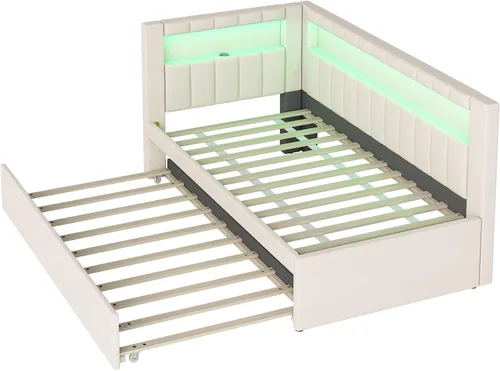 Miniatura 8 de Cama de plataforma tapizada de tamaño individual con puertos USB y luces LED, sofá cama con nido y cabecera en forma de L, cama esquinera suave